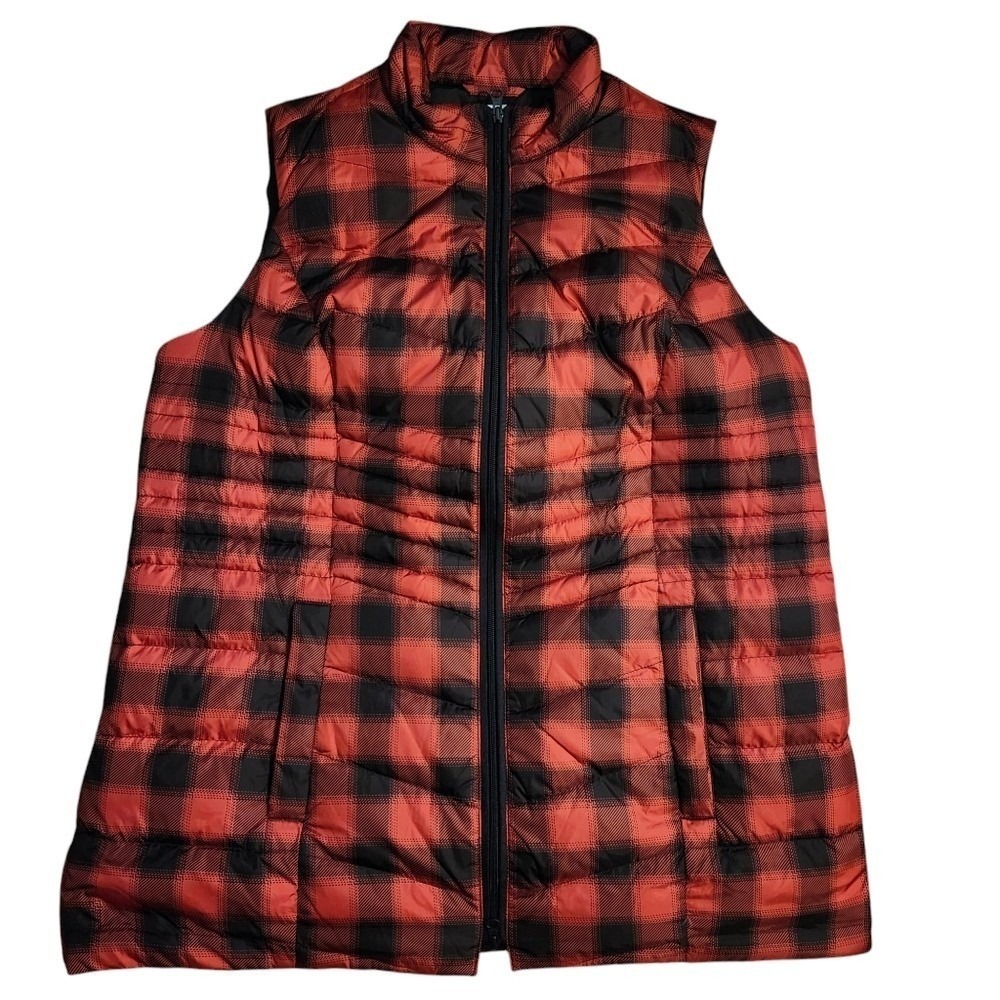J. Jill Down Puffer Vest Women 1X Red Black Buffalo Plaid Cabincore Lumberjack
